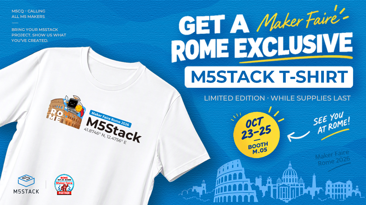 M5Stack's tweet photo. M5CQ — Appello a tutti i maker M5 📡

Hai creato qualcosa con M5Stack? Portalo con te a @MakerFaireRome ! 

Vieni al nostro stand, mostraci il tuo progetto e ricevi una T-shirt M5Stack in edizione limitata 👕

📍 Booth M.05
📅 23–25 ottobre 2026
⚡ Fino a esaurimento scorte

Ci vediamo a Roma!

#MFR2026 #M5Stack #M5CQ