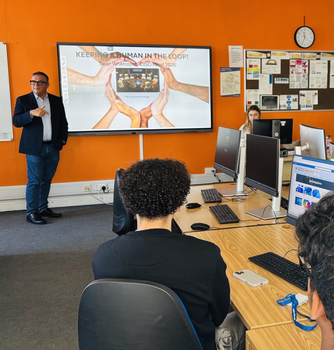 KCupdate's tweet photo. A huge thank you to Sean Whetstone, Sophie Rutter and the REED team for delivering an inspiring "Keeping the Human in the Loop" session for our IT, Digital and Cybersecurity students during Induction Week. Read more here: https://t.co/CTFpYylfT2 #CyberSecurity #AI #IT https://t.co/Jzq15qHKcA