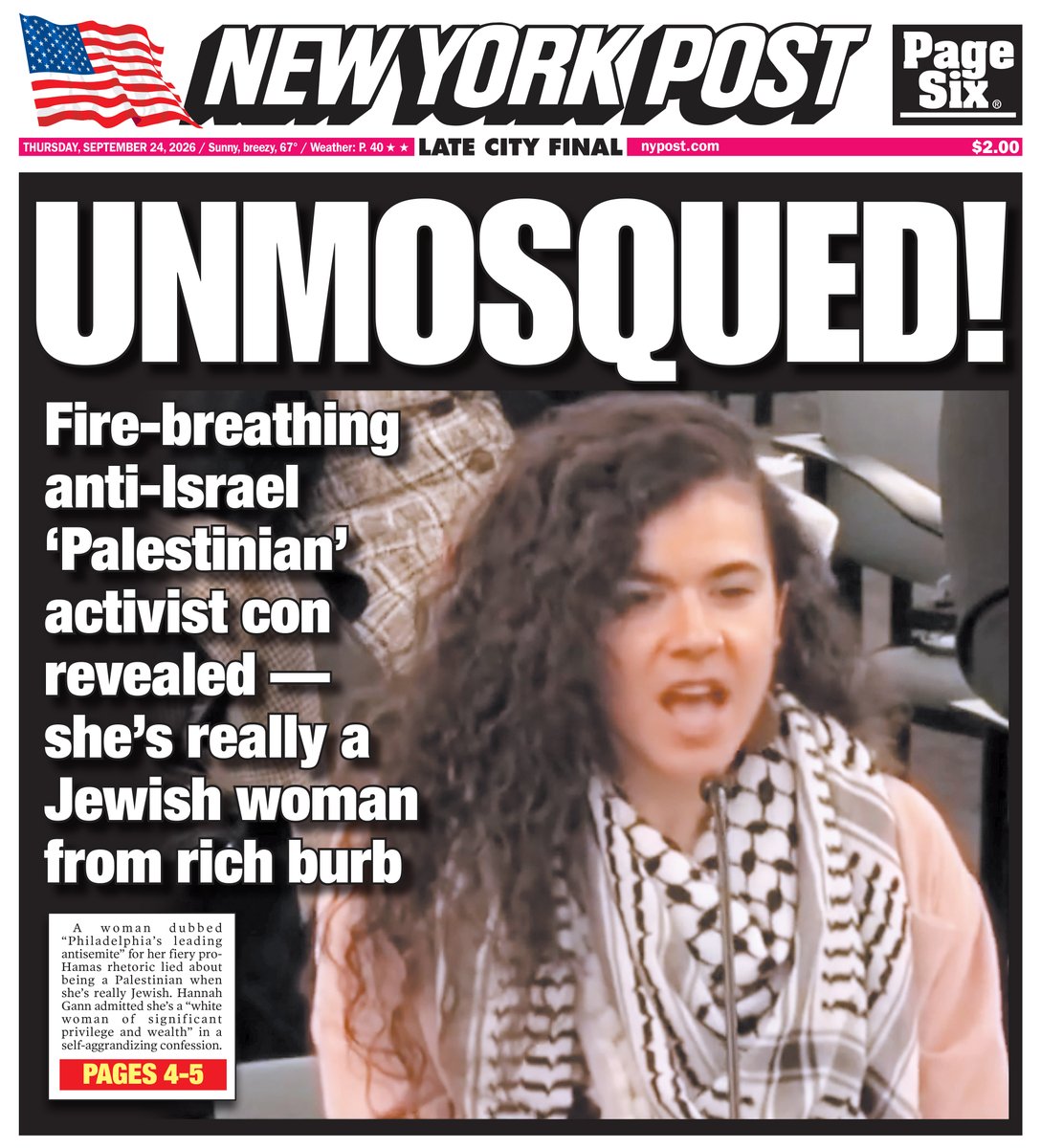 nypost's tweet photo. ‘Palestinian Rachel Dolezal’ outed as white woman of ‘significant privilege and wealth’. Read today's cover here: https://t.co/erK8G891xA https://t.co/0od8GssC7z
