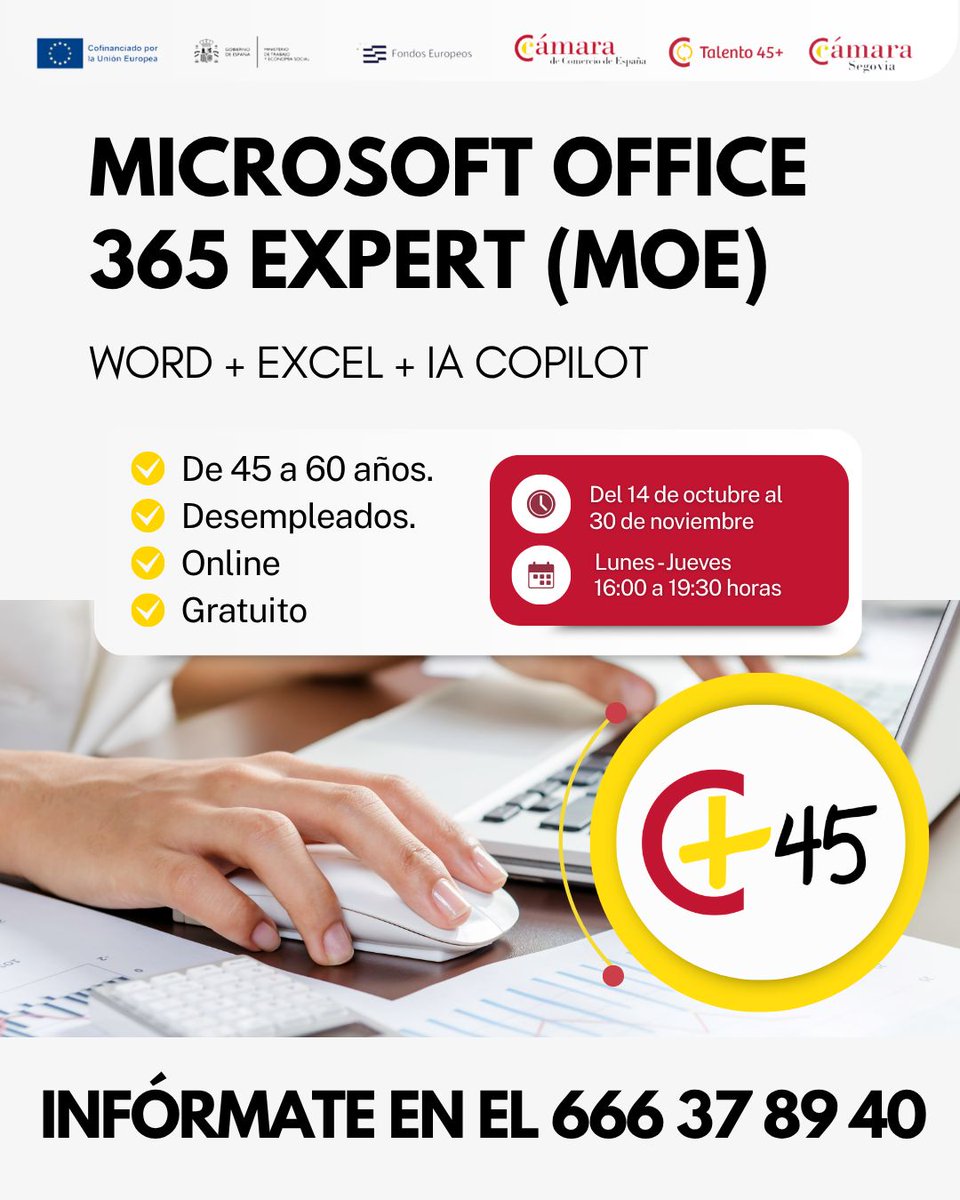 Camara_Segovia's tweet photo. 🚀 Actualiza tus conocimientos digitales y mejora tu perfil profesional

👥 Para personas desempleadas de 45 a 60 años
📆 Del 14 de octubre al 30 de noviembre
⏰ De lunes a jueves | 16:00–19:30 h

☎️ 666 37 89 40
💻https://t.co/Cu5KC5vBx0

#CamaraSegovia
#EuropaSeSiente https://t.co/7hx70Ozfnv