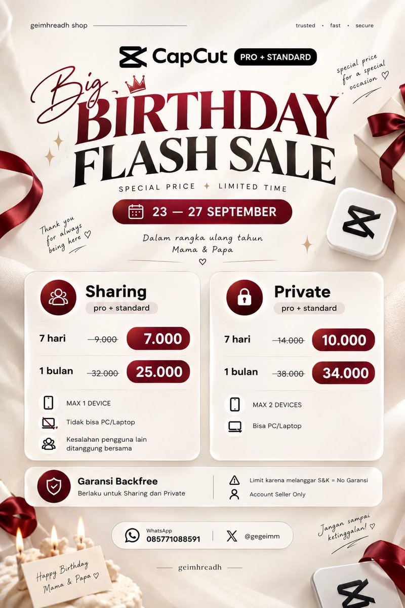 kevvnsh's tweet photo. 𝐁𝐈𝐆 𝐃𝐀𝐘 𝐒𝐀𝐋𝐄 𝐇𝐄𝐑𝐄!! 🎉

jual capcut premium pro + standar standard lagi promo murah banget nii
𝗕𝗘𝗥𝗟𝗔𝗞𝗨 𝟮𝟯—𝟮𝟳 𝗦𝗘𝗣𝗧𝗘𝗠𝗕𝗘𝗥

CAPCUT https://t.co/nkz3iBwWSI

:: 📞 order ke whatsapp: https://t.co/rrxdAIy6pU

#bealanja #zonauang https://t.co/WkA0YP7Uh4