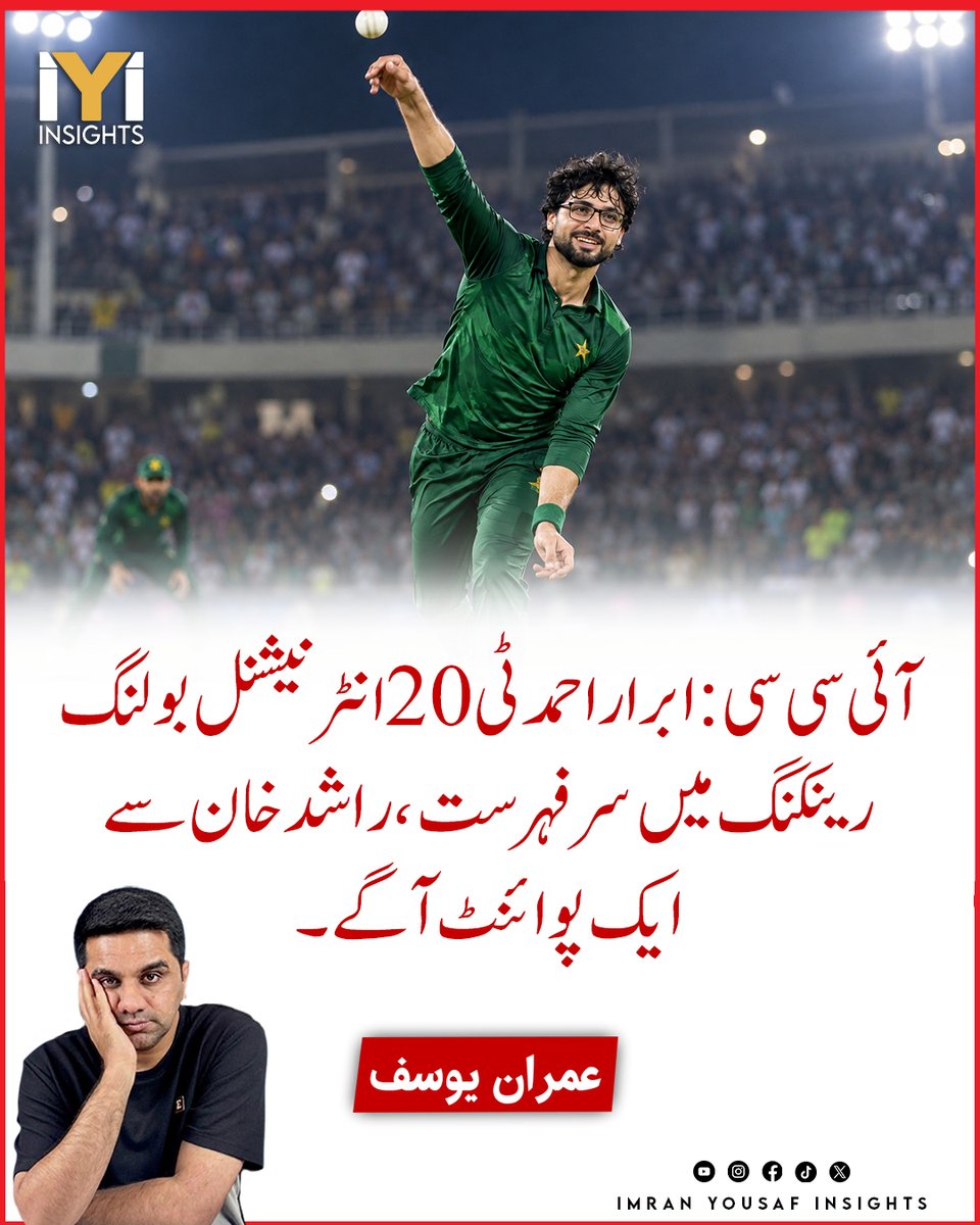 imraninsights1's tweet photo. آئی سی سی: ابرار احمد ٹی20 انٹرنیشنل بولنگ رینکنگ میں سرفہرست، راشد خان سے ایک پوائنٹ آگے۔
#AbrarAhmed #ICCRankings #T20IRankings #Number1Bowler #RashidKhan #PakistanCricket #ICCT20Ranking #PakVsAfghanistan #CricketNews #TeamPakistan #TopRankedBowler https://t.co/sg5PVXFbyn