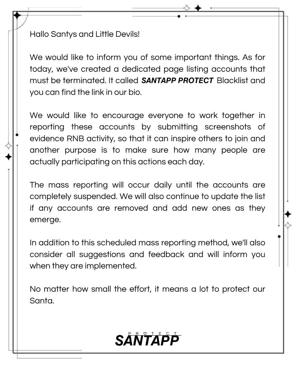 ProtectSantapp's tweet photo. Dear Santa's protectors, thank you for the warm welcome, feedback and trust in us. We'll do our best to manage this acc as its purpose, focusing more on Santa with no intended to divide the fandom.
Thank you for the understanding and please read the text below๐ค
#PROTECTSANTAPP https://t.co/yvHfqF1Gt3