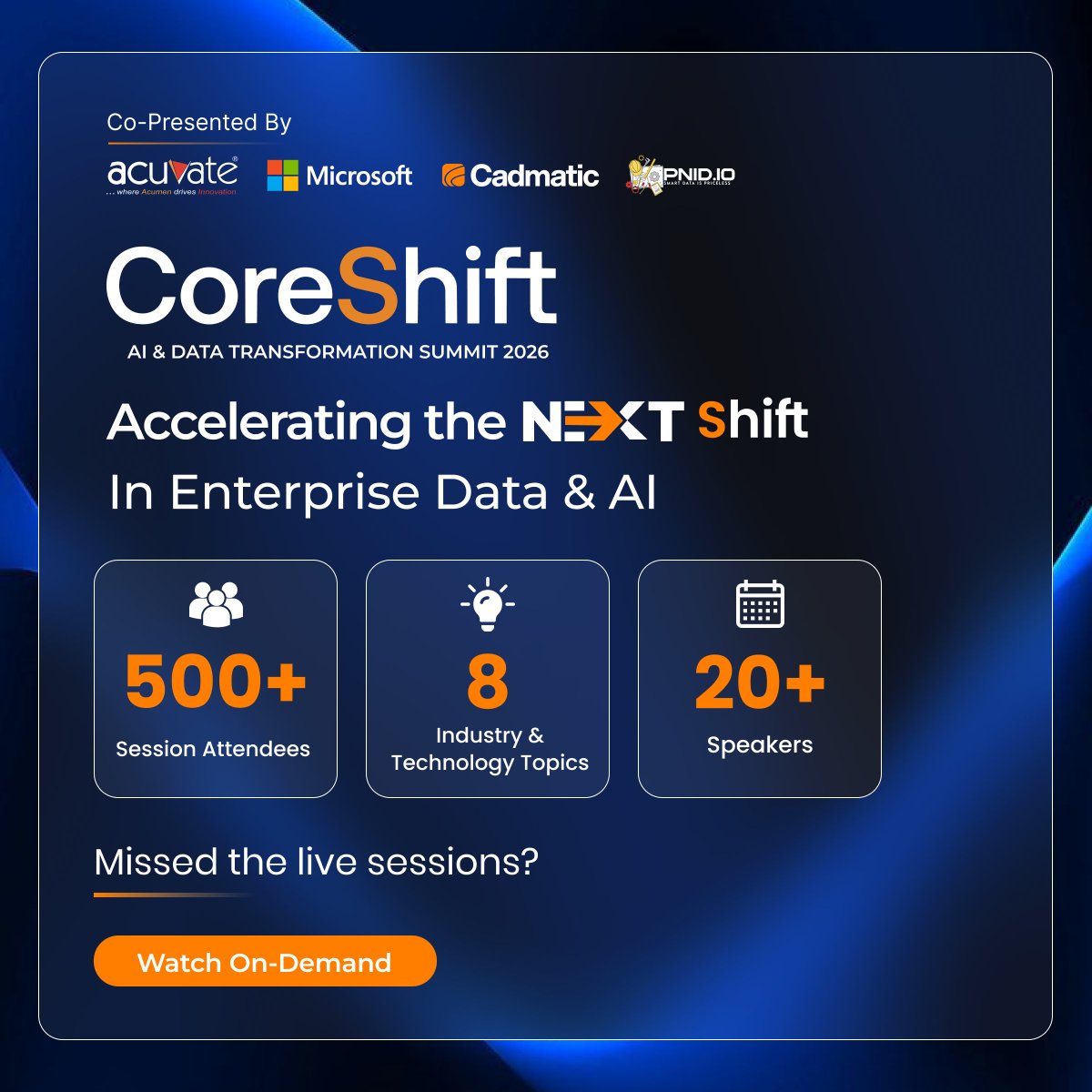 Acuvate's tweet photo. CoreShift 2026 is officially wrapped. 🚀
Watch CoreShift 2026 on-demand:
https://t.co/jDGlJ12FV9
#CoreShift2026 #DataAndAI #EnterpriseAI #ArtificialIntelligence #Acuvate https://t.co/6MluHZ7Eyw