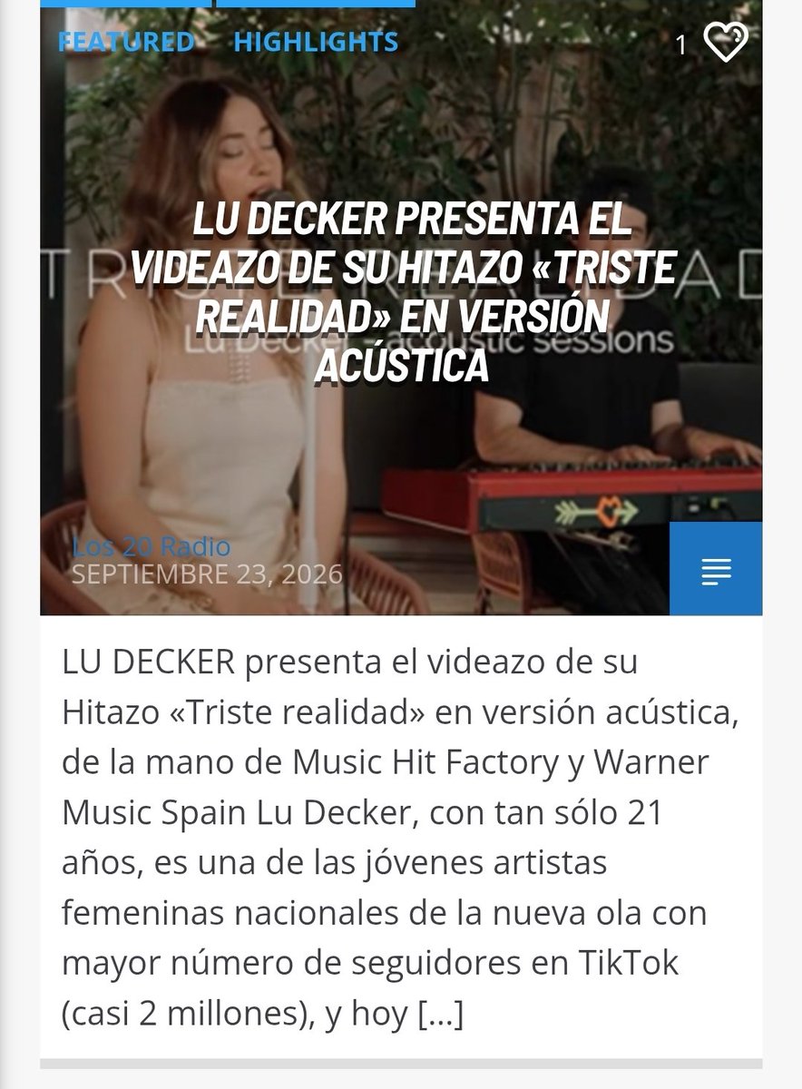 Los20Radio's tweet photo. 🗞 LU DECKER (@ludecker_ )  presenta el videazo de su Hitazo «Triste realidad» en versión acústica. (@musichitfactory @WarnerMusicES ).– Vía @Los20Radio ℹ️👇
🔗https://t.co/6Eh6g7Hjfy
#Recomendado #LuDecker #TristeRealidad #TristeRealidadAcústico #Los20Estelares #Los20Radio https://t.co/ukDpRw3LKf