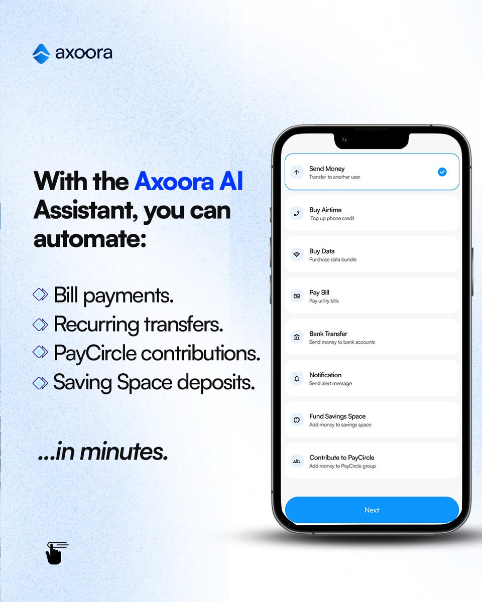 Axoora_ai's tweet photo. The good news? With Axoora AI, you can automate your bill payments, recurring transfers, PayCircle contributions and Saving Space deposits, so you don't have to remember every due date. https://t.co/DVXykGsoPL