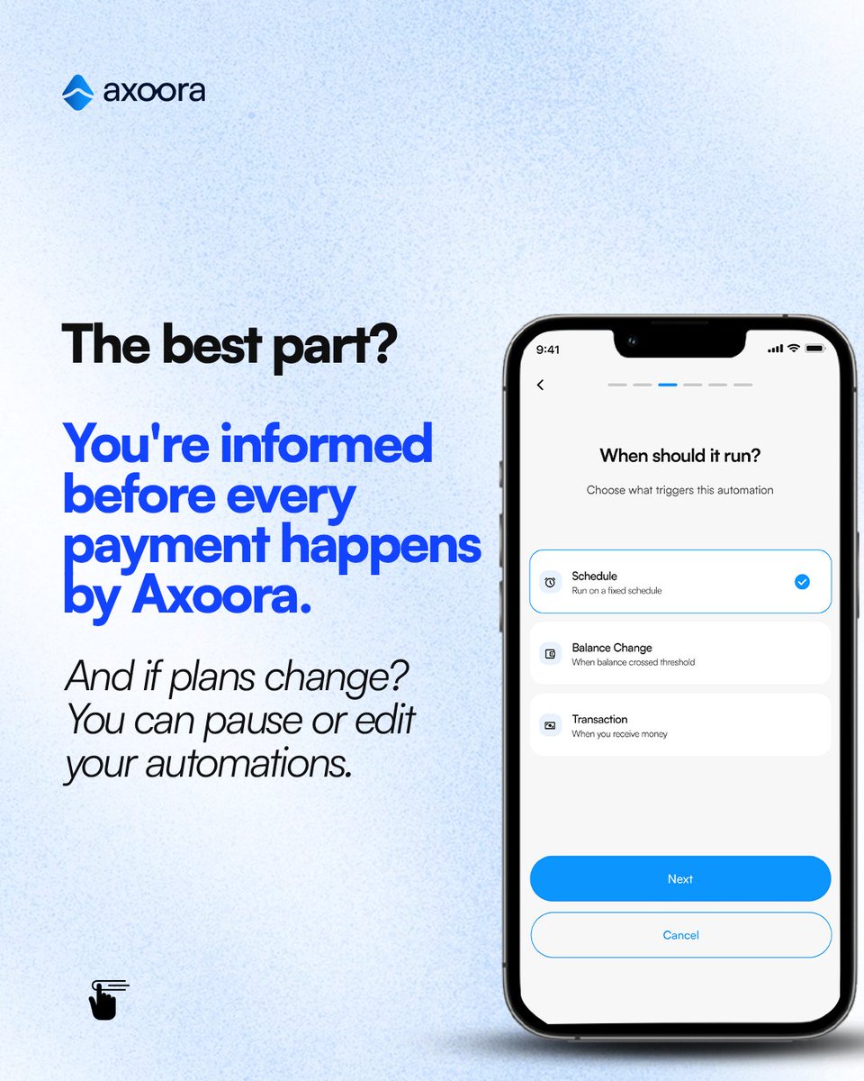 Axoora_ai's tweet photo. Set it up in minutes. Get notified before payments go out. And if your plans change, you can pause or edit your automations whenever you need to.

Download today on Google Play store/App store and set up your first automation. https://t.co/7og5kn2lHq