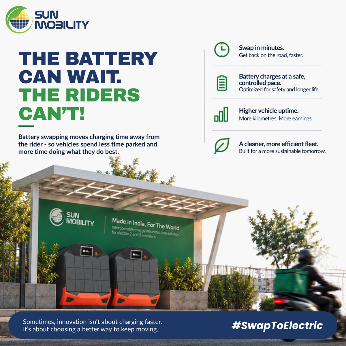 SUN_mobility's tweet photo. Every minute parked at a charger is a minute not earning.

Battery swapping keeps riders moving while batteries recharge safely at the station.

Less waiting. More kilometers. More earnings.

The battery waits. The rider doesn't.

#SwapToElectric #BatterySwapping #SUNMobility https://t.co/hXHPqnM4Om