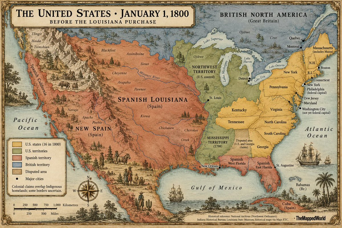 TheMappedWorld's tweet photo. America on Jan 1, 1800 with just 16 states. https://t.co/HVgmO7kOco