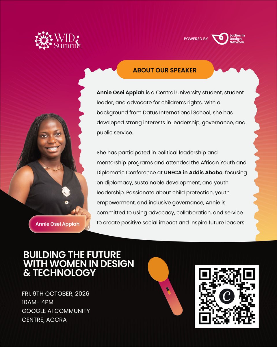 Lidn__'s tweet photo. Weβre excited to have Annie Osei Appiah joining us as a Speaker at #WIDS2026!
π Friday, 9th October 2026
β° 10AM β 4PM
π Google AI Community Centre, Accra
Come ready to learn, connect, and be inspired!
#WIDS2026 #WomenInDesignSummit #LadiesInDesignNetwork #WomenInDesign https://t.co/qj3YvUNnas
