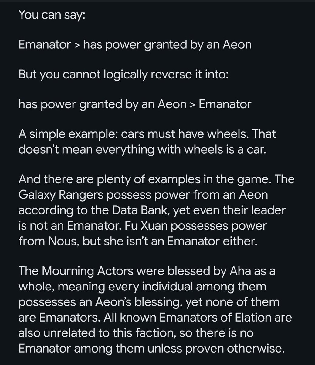 Almo8r172900's tweet photo. @dunfish25 @gojosjojos “Emanators must possess power granted by an Aeon” is a necessary condition, not a sufficient one. You should learn a bit about logic and language before making that argument. https://t.co/ggypLGXzEh