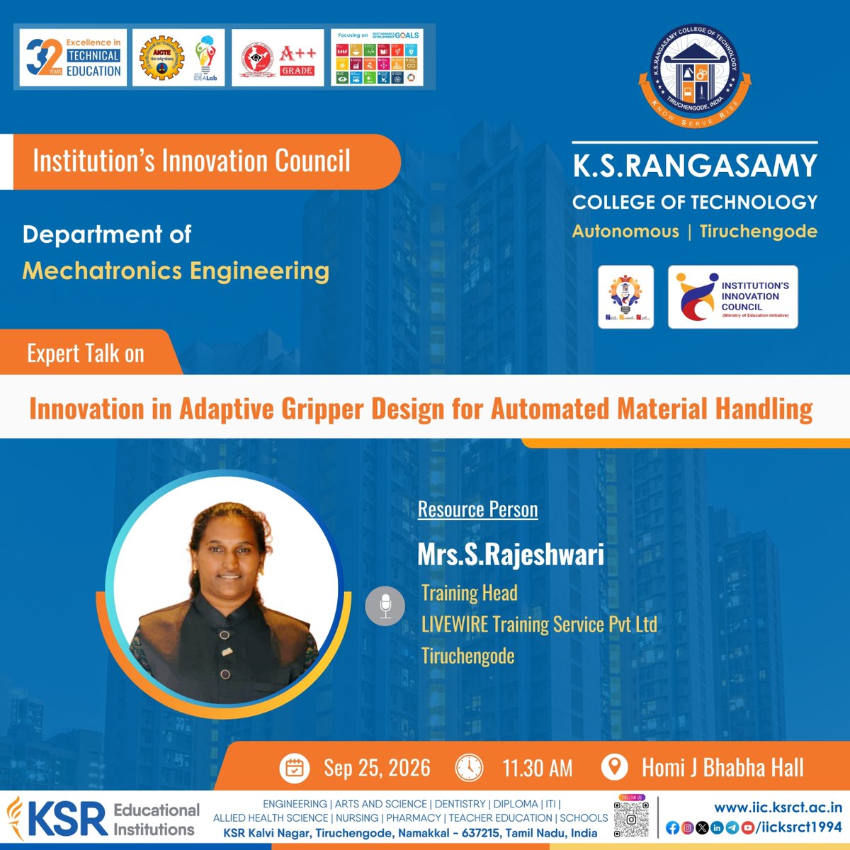 iicksrct1994's tweet photo. 🤖 Guest Lecture: Innovation in Adaptive Gripper
Design for Automated Material Handling
🎙️ Mrs. S. Rajeshwari, LIVEWIRE Training Service
📅 25 Sep 2026 | ⏰ 11:30 AM
📍 Homi J. Bhabha Hall, KSRCT
#KSRCT #Mechatronics #Robotics #IIC #Industry40 https://t.co/jLJ0mF2Czp