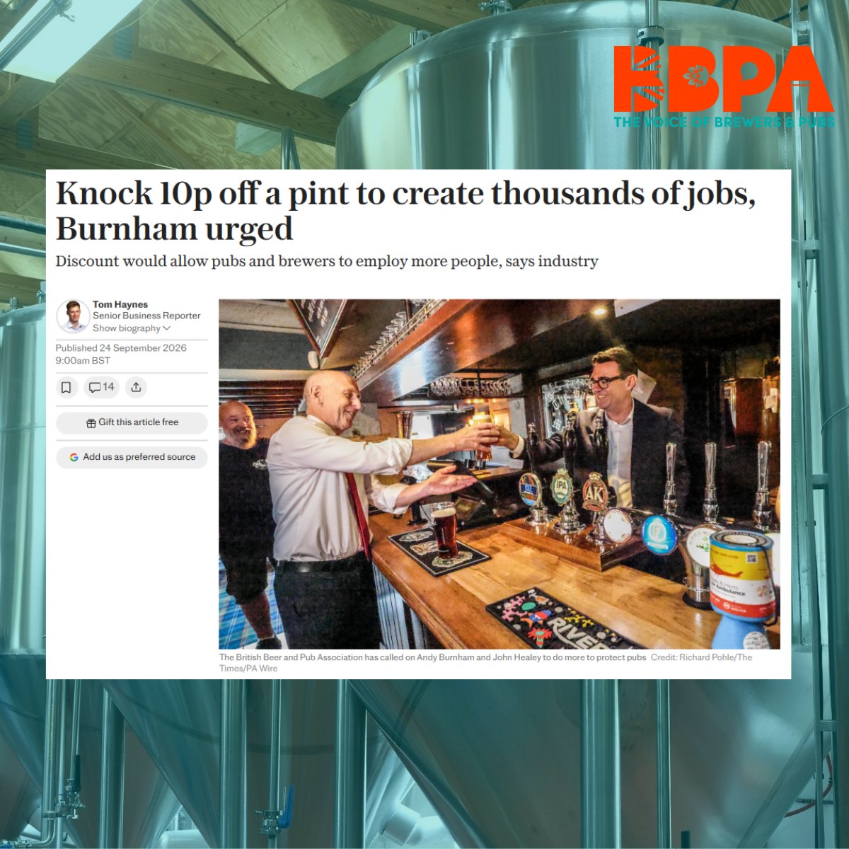 beerandpub's tweet photo. "Increasing the draught discount and freezing beer duty at its current rate would be an undisputed win-win, meaning more jobs, more affordable pints and greater investment."
 
With just weeks to go until the Budget, we're calling on Government to continue their fantastic support for our sector and back our brewers by freezing beer duty at its current rate and increasing the draught discount for beer sold in pubs to 30%. 
 
This move will not only ease affordability pressures for brewers and pubs, but it will also ensure over 7,000 jobs across the sector, with over 3,000 for under-25s. 
 
We're also calling on the Treasury to permanently reform business rates, review employment costs for under-25s and reduce VAT for hospitality.

Read more in The @Telegraph: https://t.co/UmMxBZobxF