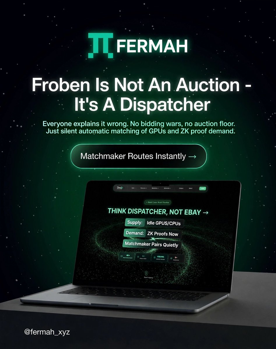 om_web3's tweet photo. GFERMAH @fermah_xyz 

Everyone is explaining Froben wrong.

It's not a bidding mechanism. It's faster than that.

1. THE CORE MISUNDERSTANDING

Calling it an auction makes you picture operators racing to undercut each other. 

That is not how Froben works. There is no auction floor.

2. THINK DISPATCHER, NOT EBAY

→ Supply: idle GPUs / CPUs looking for work

→ Demand: ZK proofs that need proving, now

→ Layer in between: Froben Matchmaker — it quietly pairs them without asking anyone

3. ONE REQUEST = ONE DECISION

No rounds. No waiting window.

For every single proof request, it:
→ Filters who _can_ do it
→ Picks who can do it _cheapest_
→ Routes instantly

Continuous, not batched.

4. WHY THIS DESIGN WINS FOR SEEKERS

→ Zero latency from bidding

→ No price spikes from last-second bidding wars

→ Predictable costs every time you request

5. WHY IT STILL WORKS FOR OPERATORS

→ You don't need to watch a dashboard 24/7

→ Set a competitive price once, stay matched

→ Idle = $0, so the market fixes itself

It's not about who shouts loudest. It's about who is ready, qualified, and cost-efficient at that exact second.

That's not an auction. That's infrastructure.

@fermah_xyz @7wealthh