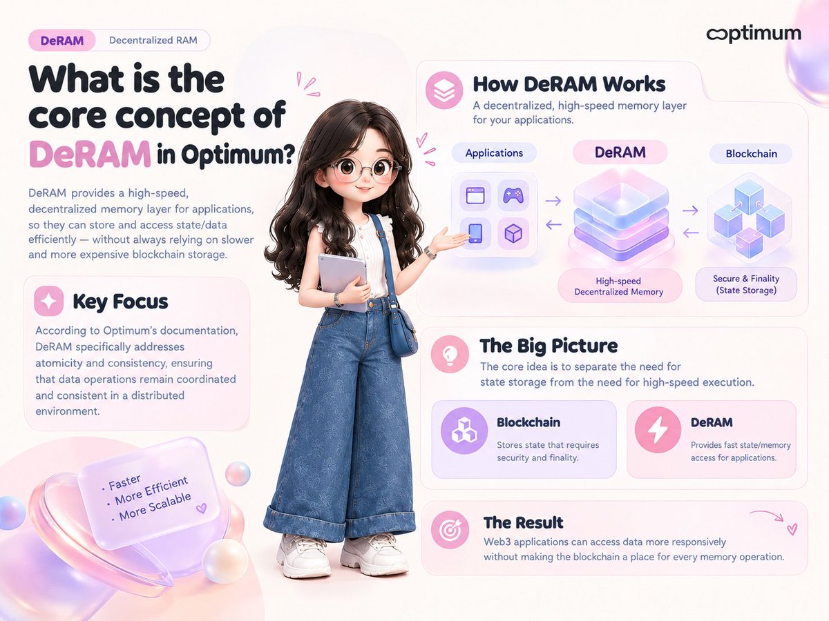 Yerimieseonee's tweet photo. Optimum DeRAM is a decentralized high speed memory layer that lets apps access state quickly without relying solely on slow blockchain storage. It separates execution speed from finality, keeping data consistent.

@get_optimum https://t.co/ME9ZeaSNy7