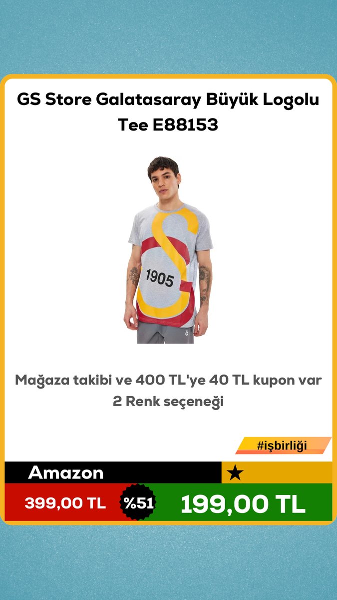 devindirim's tweet photo. GS Store Galatasaray Büyük Logolu Tee E88153
❌399,00 TL
✅199,00 TL
💲 % 51 indirim!
Mağaza takibi ve 400 TL'ye 40 TL kupon var
2 Renk seçeneği
🛍 amazon
Link ve yapay zeka sonraki tweetde 👇 #tanitim amazon https://t.co/2Q1So7xrQZ