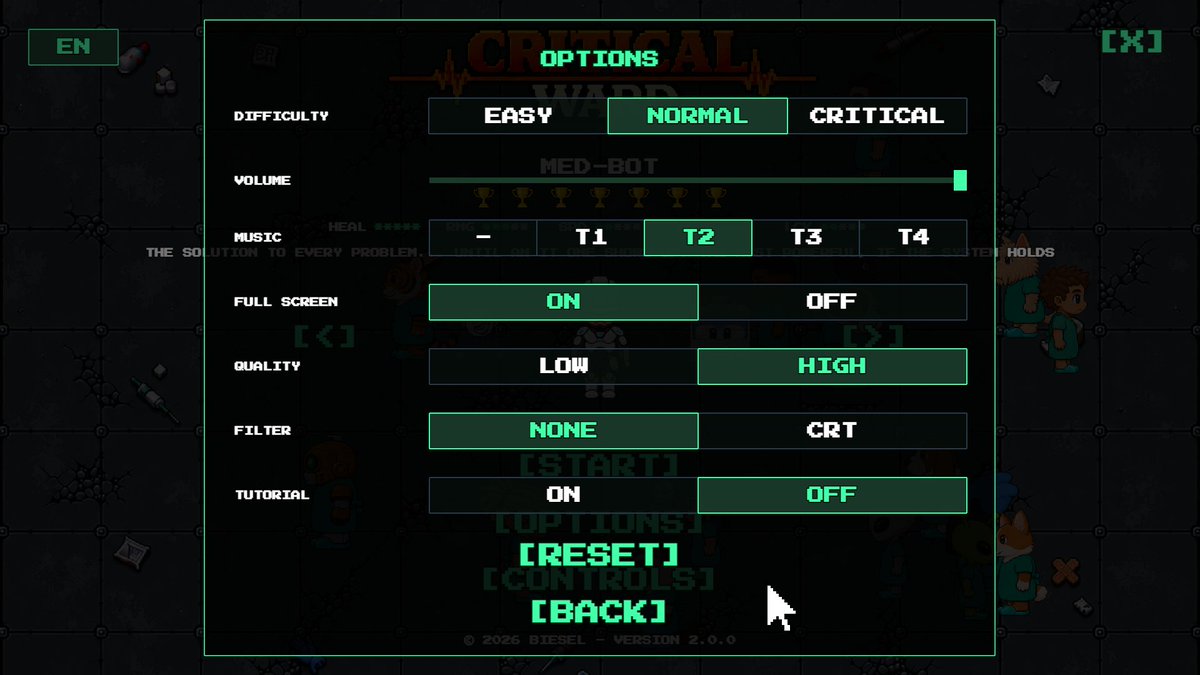 BiEsEl_Games's tweet photo. There are now 2 graphics quality settings: LOW renders at 720p, HIGH at 1080p.

The second shot is from an in-game stress test — tracking FPS, memory, patients and orbs on screen to evaluate overall game performance as things get crowded.

Targeting a rock-solid 60 FPS. Almost there :)