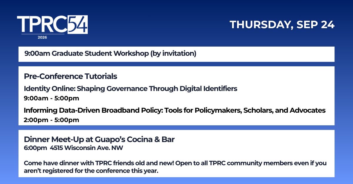TPRCtweets's tweet photo. Happening today at #TPRC54! Join us for pre-conference events culminating in a casual dinner tonight at Guapo's Cocina &amp; Bar. If you are a friend of TPRC but can't make it to the conference, we'd love to see you at dinner! https://t.co/Fw6VYRKTkK