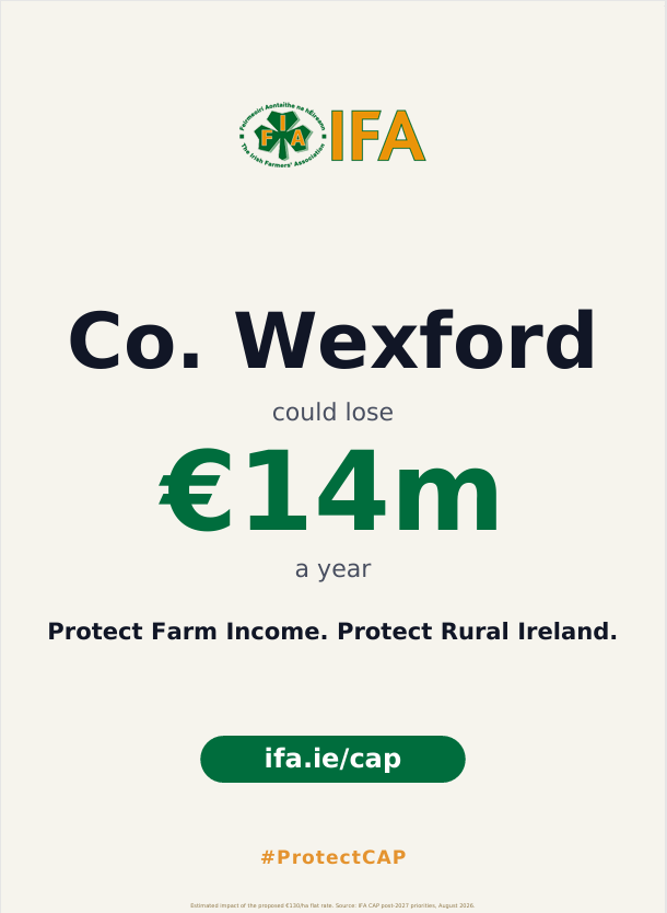 IFAmedia's tweet photo. Wexford could lose up to €14 million a year.
IFA is campaigning for an increased CAP budget to protect farmers, farming families and rural communities across Ireland.
Here’s what’s at stake for Co. Wexford.
#ProtectCap https://t.co/uWbZqIyKFX