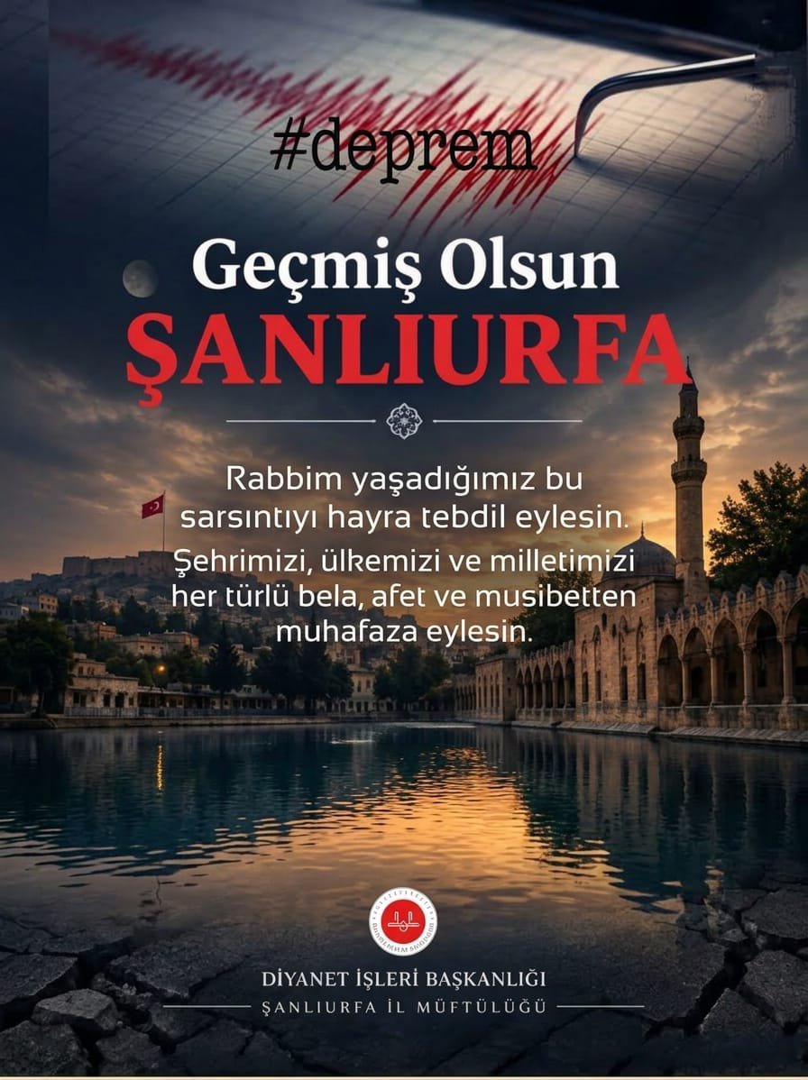 UrfaMuftulugu's tweet photo. Şanlıurfa’da meydana gelen ve çevre illerde de hissedilen depremde etkilenenlere geçmiş olsun dileklerimizi iletiyoruz.
Rabbimiz ülkemizi ve milletimizi her türlü afetten ve musibetten muhafaza eylesin. https://t.co/9K5U5ggPcJ