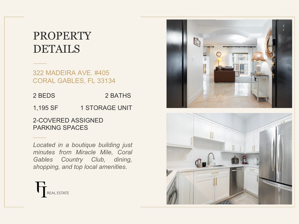FI_Real_Estate's tweet photo. JUST SOLD - 322 Madeira Ave. #405 Coral Gables, 33134

Sold Price: $560,000
- 1,195 Interior Sq. Ft.
- 2 BEDS | 2 BATHS
- 2 Covered Assigned Parking Spaces
- 1 Storage Unit

LISTING AGENT:
NATALIA PURISACA P.A.
📧 np@fi.realestate
📱+1.614.327.5189 https://t.co/6Ddl0NBJHf
