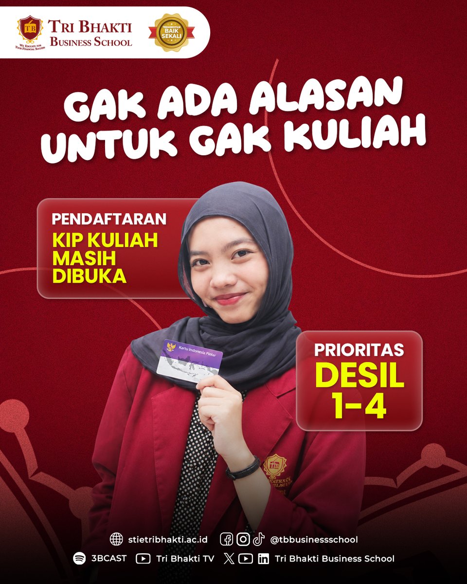 STIE_Tri_Bhakti's tweet photo. Pendaftaran KIP Kuliah Masih Dibuka
Prioritas Desil 1-4.

Buat kamu yang ingin kuliah tapi terhalang biaya, bisa nih kuliah tahun ini.

Yuk daftarkan diri kamu segera, kita masih buka.

Gak ada alasan untuk gak kuliah. https://t.co/mw69E61q0O