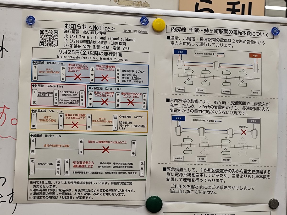 uchibou_LOTTE_0's tweet photo. 五井駅からの情報です。
内房線の列車本数が大幅に削減されている理由が掲載させていました。
また明日からの内房線は通常の3割程度と今日よりも1割増えるそうです。
とてもありがたいです。 https://t.co/lHSBGJV1o8
