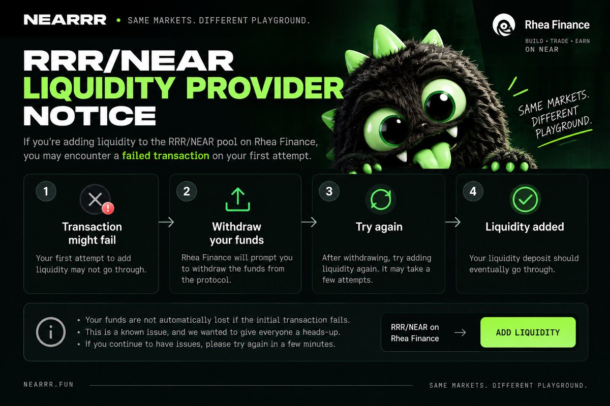 NeaRRR_fun's tweet photo. 💧RRR/NEAR Liquidity Provider Notice:

For anyone looking to provide liquidity to the $RRR/$NEAR pool on Rhea Finance:

You may experience a failed transaction on your first couple of attempts to add liquidity. If this happens, don’t panic. @rhea_finance should prompt you to withdraw the funds from the protocol.

Withdraw the funds → try adding liquidity again.
It may take a few attempts, but the liquidity deposit should eventually go through.🟢

https://t.co/ZysgLnvYIs