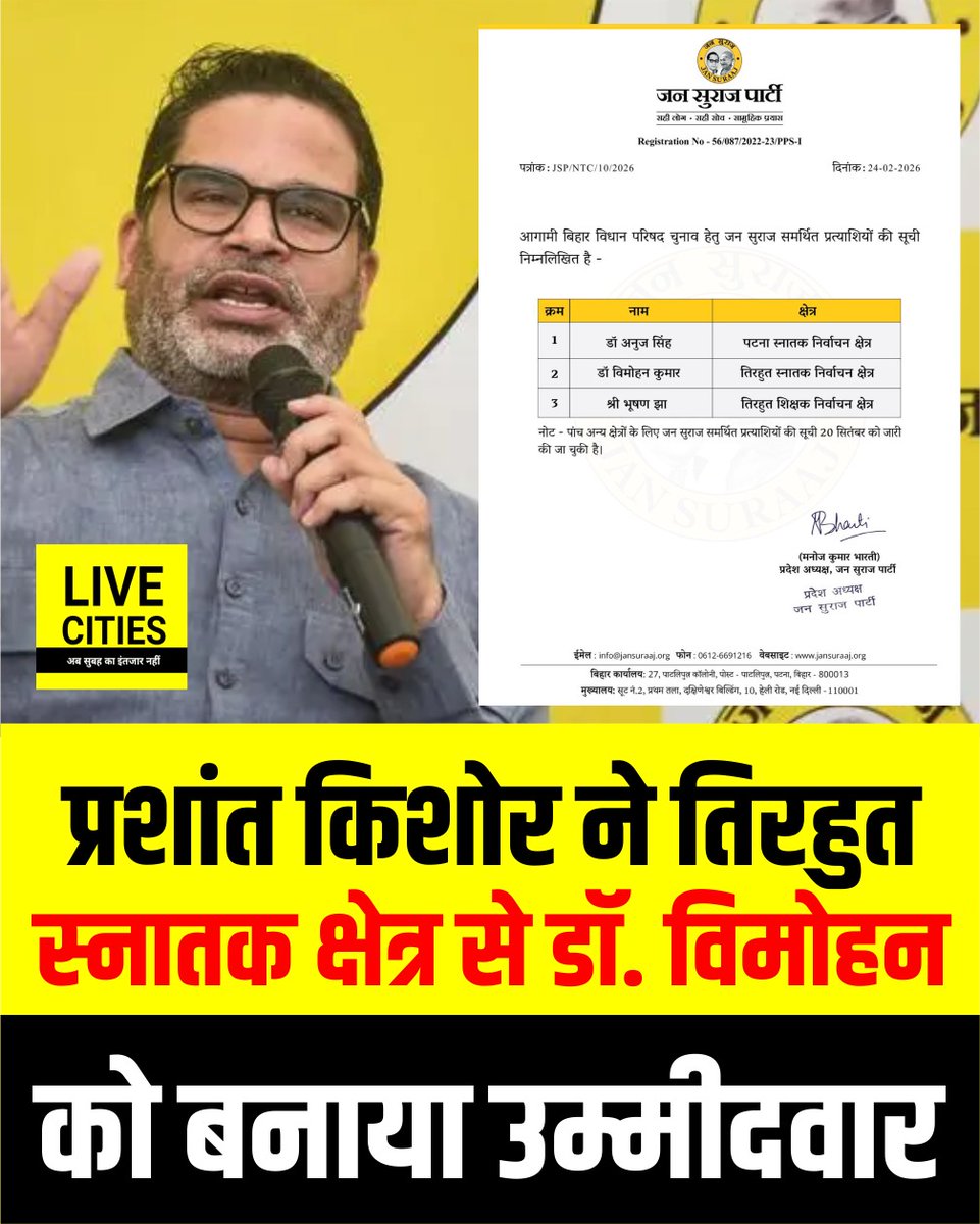 Live_Cities's tweet photo. प्रशांत किशोर की जनसुराज पार्टी ने तिरहुत स्नातक निर्वाचन क्षेत्र से डॉक्टर विमोहन कुमार को उम्मीदवार बनाया है.

#PrashantKishor #JanSuraaj #DrVimohanKumar #TirhutGraduatesConstituency #Tirhut #MLCElection #MLCCandidate #BiharElection #BiharNews #CandidateAnnouncement #BreakingNews