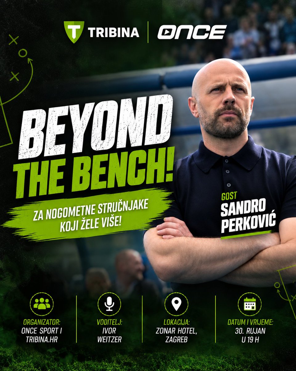 11OnceSport's tweet photo. Vrijeme je za još jedan Beyond the Bench! ⚽️

@11OnceSport i @tribina_hr ponovno dovode nogometne trenere, analitičare i stručnjake za stol – ovaj put u društvu Sandra Perkovića.

Sandro je posljednjih godina radio u Dinamu, Rigi i FC Noahu, a kroz različite sredine stekao je iskustvo koje otvara puno zanimljivih tema za razgovor o modernom nogometu, trenerskom radu i svemu što se događa iza kulisa klubova.

U razgovoru s Ivor Weitzer očekuju nas iskustva, konkretne priče i pogled na nogomet iz prve ruke.

📍 Hotel Zonar, Zagreb
🗓️ 30. rujna u 19h

Ulaznice su 10 €, a cijena uključuje ulaz, hranu i piće, a možeš ih nabaviti ovdje 👉 https://t.co/eDzJDHR9Rs 

Premišljaš se hoćeš li doći? Baci oko i na slike s prošlog eventa i sve dileme će ti biti riješene!

Vidimo se na Beyond the Bench!