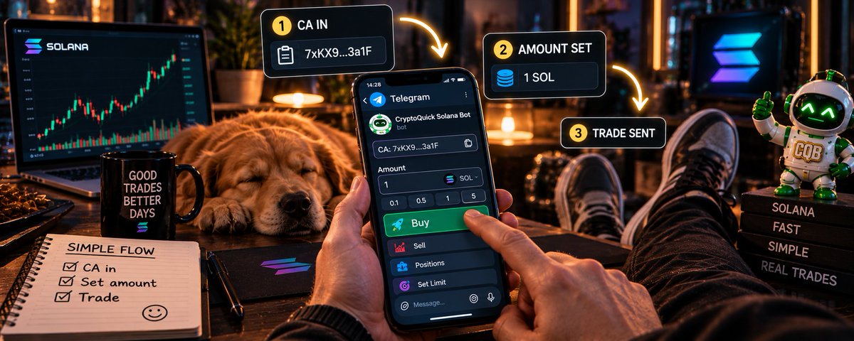 cryptoquickbot's tweet photo. A good trading tool should disappear into your routine.

No learning curve every morning.
No rebuilding the setup for every token.

With CryptoQuick Solana Bot, the flow stays simple:

CA in → amount set → trade sent.

Use it once today and see if it earns a permanent spot in your setup.

https://t.co/wOKnnHRZtZ