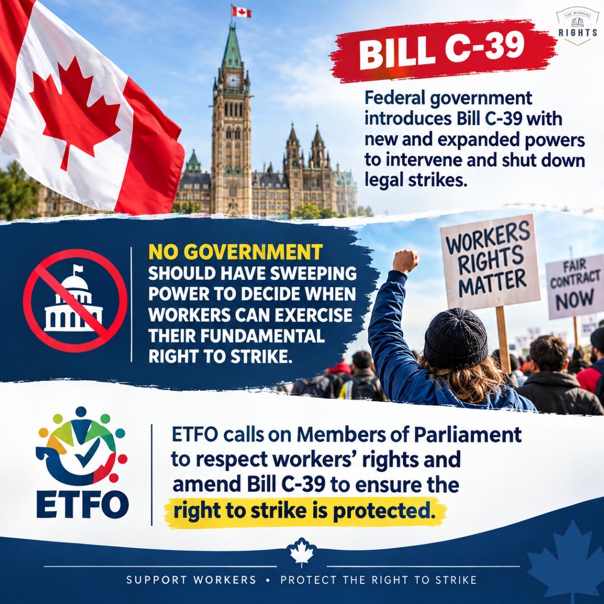 theworkersright's tweet photo. The federal government says the legislation modernizes labour rules and protects the right to strike. Unions warn the proposed “national interest” process could give the Labour Minister significant power to intervene in legal work stoppages.

#BillC39 #RightToStrike https://t.co/hxGGKUw75l