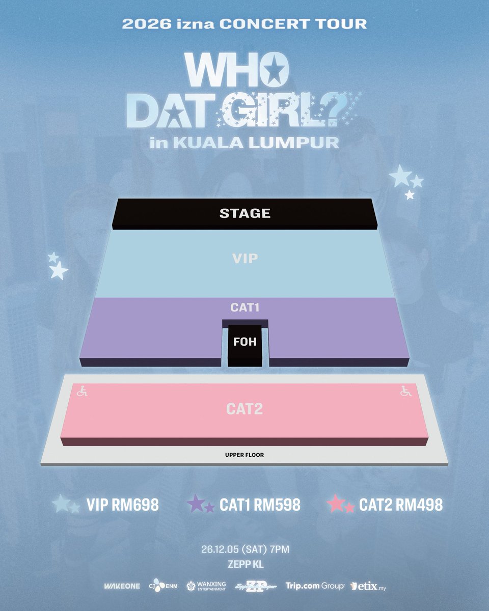 Wanxing_ent's tweet photo. < 2026-2027 izna Concert Tour: WHO DAT GIRL? in KUALA LUMPUR > 

⚡ izna is finally coming! They are officially hitting Kuala Lumpur!
💥 Get ready to watch izna tear up the stage and experience their one-of-a-kind girl-crush energy for an unforgettable night of pure excitement!

📅 Date: 5 December 2026 (Saturday)
🕕 Time: 7:00 PM (Local Time)
📍 Venue: Zepp Kuala Lumpur
🎫 Ticket Prices: RM698 / RM598 / RM498
🎟 General Sale: 8 October 2026, 12:00 PM (Local Time)
🔗Ticketing Website: 
https://t.co/Om5jISOsTs: https://t.co/qKW1ZNnE4m
Ctrip: https://t.co/GQbFihEa6o
https://t.co/HO8ndKU6l6

• A maximum of 6 tickets may be purchased per transaction.
• The show time is subject to change depending on on-site conditions.
• Follow Wanxing Entertainment for the latest updates on izna’s concert in Kuala Lumpur.
• The organizer reserves the right to amend these terms and conditions at any time.

Organizer: Wanxing Entertainment
Management: WAKEONE

📺—————————🎤—————————📺

< 2026-2027 izna Concert Tour: WHO DAT GIRL? in KUALA LUMPUR > 

⚡ izna 真的要來了！吉隆坡站正式引爆！
💥準備好跟izna一起炸翻全場，感受獨一無二的Girl Crush魅力，共度一個熱血難忘的演唱會之夜吧！

📅演出日期：2026年12月5日（星期六）
🕕演出時間：下午7:00（當地時間）
📍演出地點：Zepp Kuala Lumpur
🎫門票售價：RM698 / RM598 / RM498
🎟售票日期：10月8日中午12點（當地時間）
🔗售票網站：
https://t.co/Om5jISOsTs: https://t.co/qKW1ZNnE4m
Ctrip: https://t.co/GQbFihEa6o
https://t.co/HO8ndKU6l6

• 每筆交易最多購買6張門票。
• 實際演出時間以現場情況為準。
• 請密切關注萬星國際娛樂文化，掌握有關izna吉隆坡演唱會的更多資訊。
• 主辦單位保留隨時更改條款與細則的權利。

主辦單位：萬星國際娛樂文化
經紀公司：WAKEONE

#izna #이즈나
#izna_CONCERT_TOUR
#WHO_DAT_GIRL #izna_WHO_DAT_GIRL