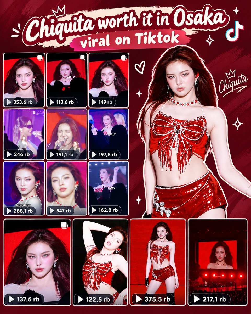 CHIQUITABASE's tweet photo. #CHIQUITA WORTH IT IN OSAKA  VIRAL ON TIKTOK!

Chiquita’s “WORTH IT” performance in Osaka is going viral on TikTok! ❤️‍🔥

👀 Total views: 3.1 MILLION+

 Multiple videos have already surpassed 100K views, with the highest reaching 547K views!

Osaka really was WORTH IT for Chiquita! https://t.co/ZFe9ExSKqG