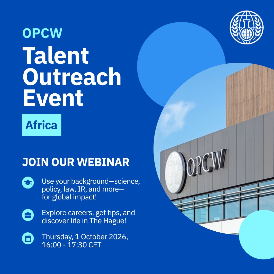 OPCW's tweet photo. 🌎 Calling aspiring professionals from from Africa!

Discover career opportunities with the OPCW and learn how you can contribute to a world #FreeofChemicalWeapons. 

📅 When: 1 October 2026, 16:00 CET
➡️ Register: https://t.co/I1dHQENrib

🎯 To join the event, you must:
✅ Be a national from Africa
✅ Be fluent in English
✅ Hold a bachelor’s degree
✅ Have at least 5 years of relevant professional work experience

#UNjobs #InternationalJobs