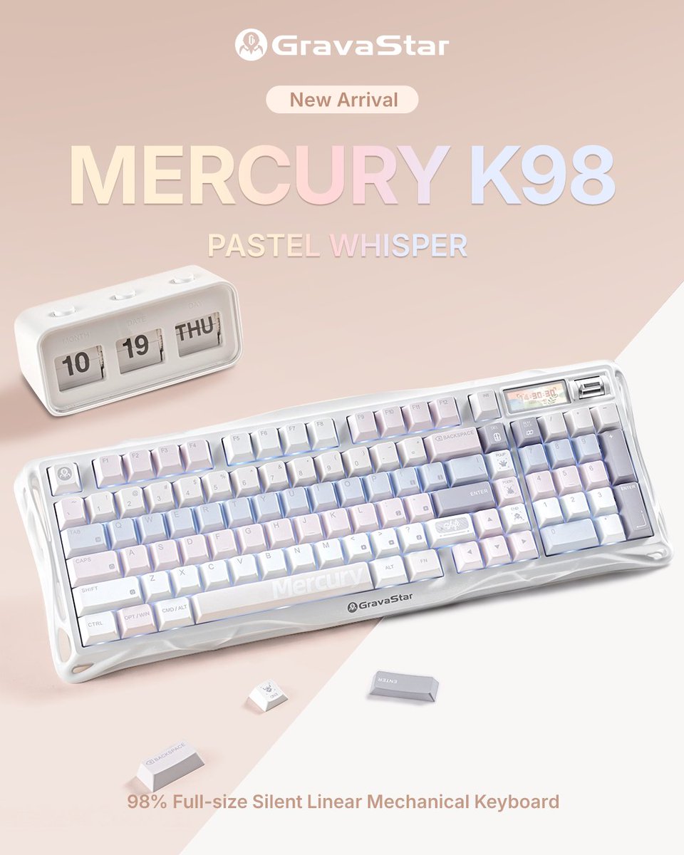 GravaStar_'s tweet photo. New Arrival! Meet the Mercury K98 Pastel Whisper 🤍

A soft pastel look meets full-size functionality, with quiet typing experience made for both work and gaming ☁️

✨ 98% layout with dedicated numpad
✨ GravaStar custom silent linear switches
✨ 40–45 dB library-quiet typing
✨ 1.65” TFT color display
✨ Tri-mode connectivity
✨ Customizable RGB lighting
✨ Web-based software  Now available for preorder.

Link in bio!
.
.
#gravastar #mercuryk98 #k98 #gamingkeyboard #silentkeyboard