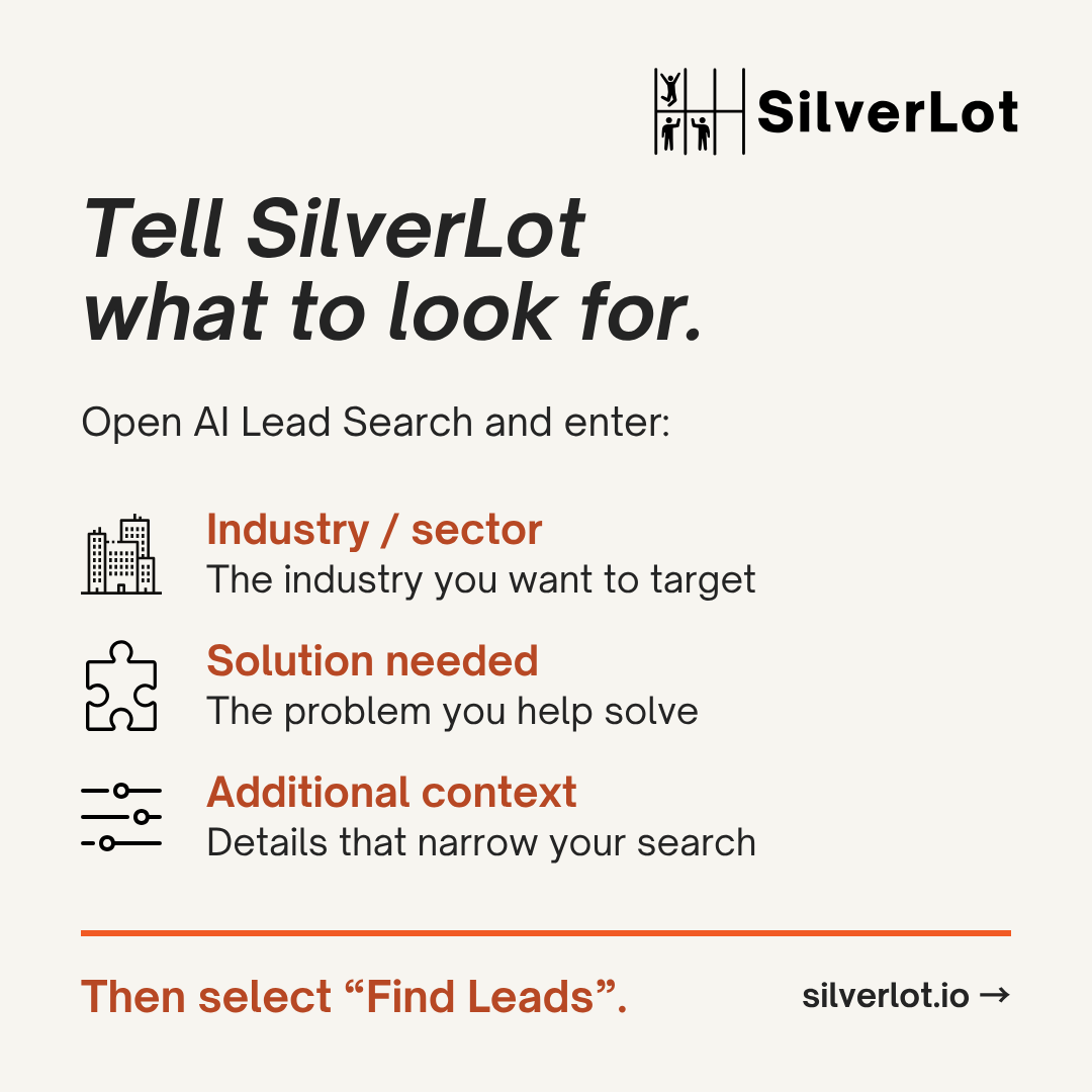 Silverlot_io's tweet photo. Looking for companies that could use what you offer?

Use SilverLot’s AI Lead Search to find companies in your target industry, review the results and save relevant leads.

Try the demo: https://t.co/MfTraO3SUw

#SilverLot #Research #CRM #Software #UK #Ireland #Maryland #DC #NYC https://t.co/ZoqP38wQYR