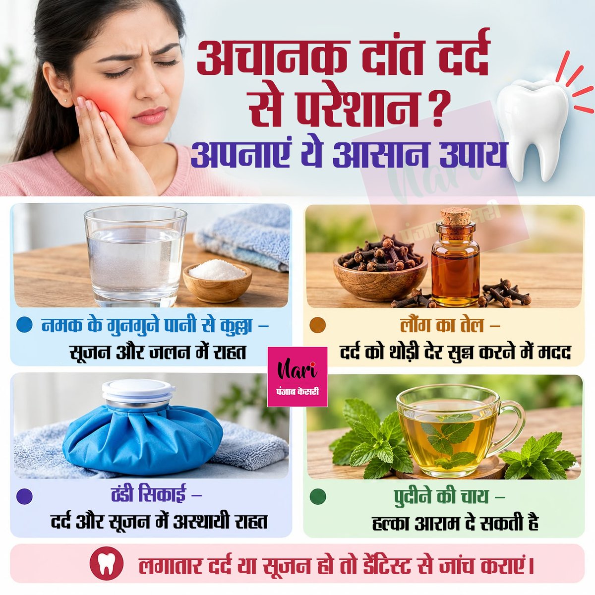 NariKesari's tweet photo. 🦷 अचानक दांत दर्द से परेशान? अपनाएं ये आसान उपाय
#Toothache #DentalHealth #OralHealth #HealthTips https://t.co/15gXTb0G8r