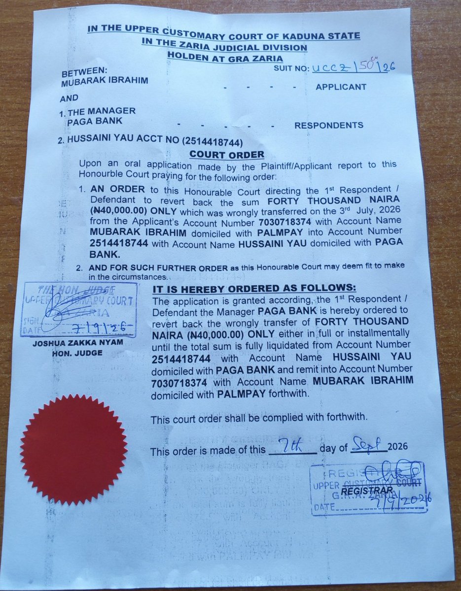 Web3JobRadar's tweet photo. @mypagacare DISOBEYED COURT ORDER UCCZ/150/26!
> N40k wrong transfer to 2514418744 on July 3. Court ordered you Sept 7 to refund to my @palmpay_ng 7030718374. 15 days later, no refund! Dispute B202607030010974
> @cenbank @fccpcnigeria Help! Evidence 👇
#palmpay #paga #cbn #fccpc https://t.co/BOWoSLz5Sg