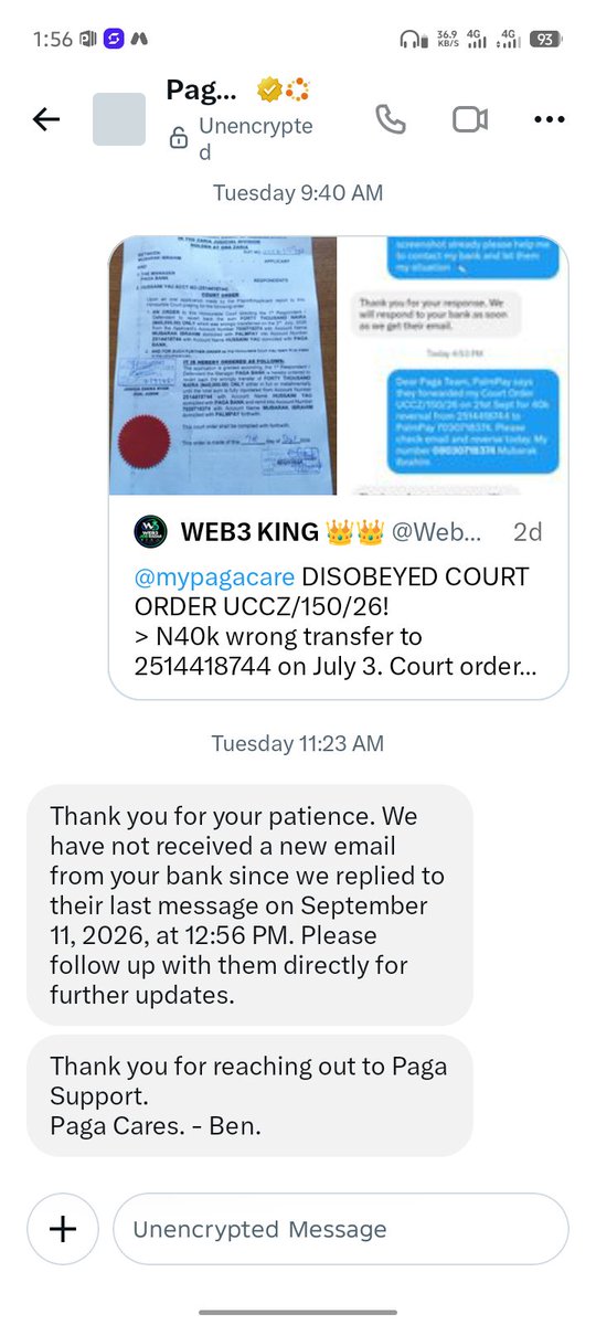 Web3JobRadar's tweet photo. @mypagacare DISOBEYED COURT ORDER UCCZ/150/26!
> N40k wrong transfer to 2514418744 on July 3. Court ordered you Sept 7 to refund to my @palmpay_ng 7030718374. 15 days later, no refund! Dispute B202607030010974
> @cenbank @fccpcnigeria Help! Evidence 👇
#palmpay #paga #cbn #fccpc https://t.co/BOWoSLz5Sg