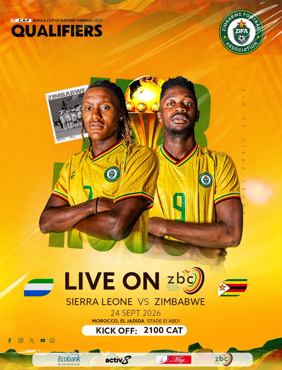 online_zifa's tweet photo. 𝗖𝗔𝗧𝗖𝗛 𝗧𝗛𝗘 𝗪𝗔𝗥𝗥𝗜𝗢𝗥𝗦 𝗟𝗜𝗩𝗘 𝗢𝗡 𝗭𝗕𝗖! 🇿🇼📺🔥

Watch the Warriors take on Sierra Leone in their opening AFCON 2027 qualifier, LIVE on ZBC.

⏰ Kick-off: 9pm CAT

#GoWarriors #AFCON2027 https://t.co/Jr75KZc1wo