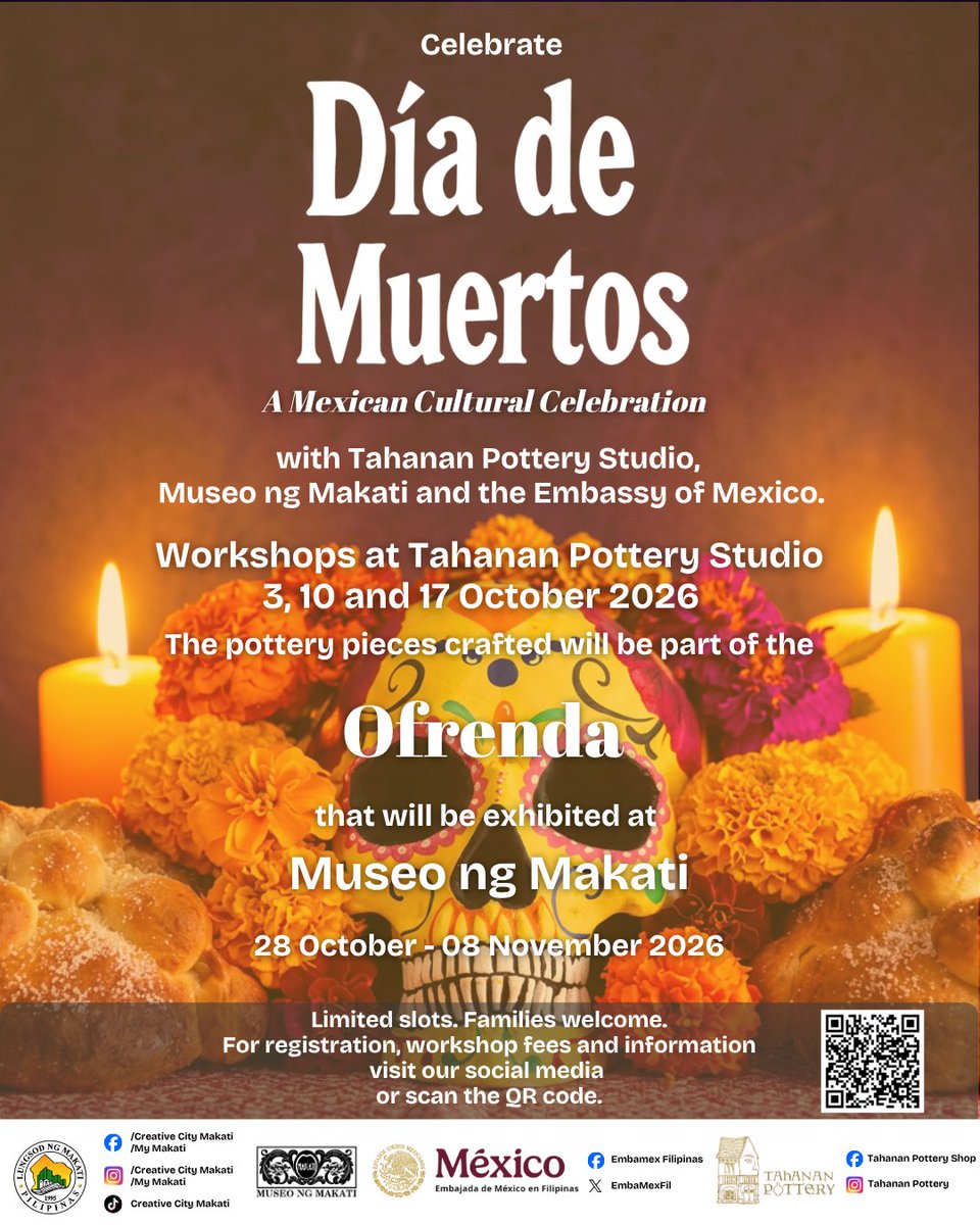 EmbaMexFil's tweet photo. The Embassy of Mexico and Tahanan Pottery Shop invites to a special series of pottery workshops.

Create pottery pieces that can be part of our Ofrenda 💀🏵️, which will be exhibited at Museo ng Makati from 📅 October 28 to November 8.

Visit our social media for more information. https://t.co/7H6sgv81bs