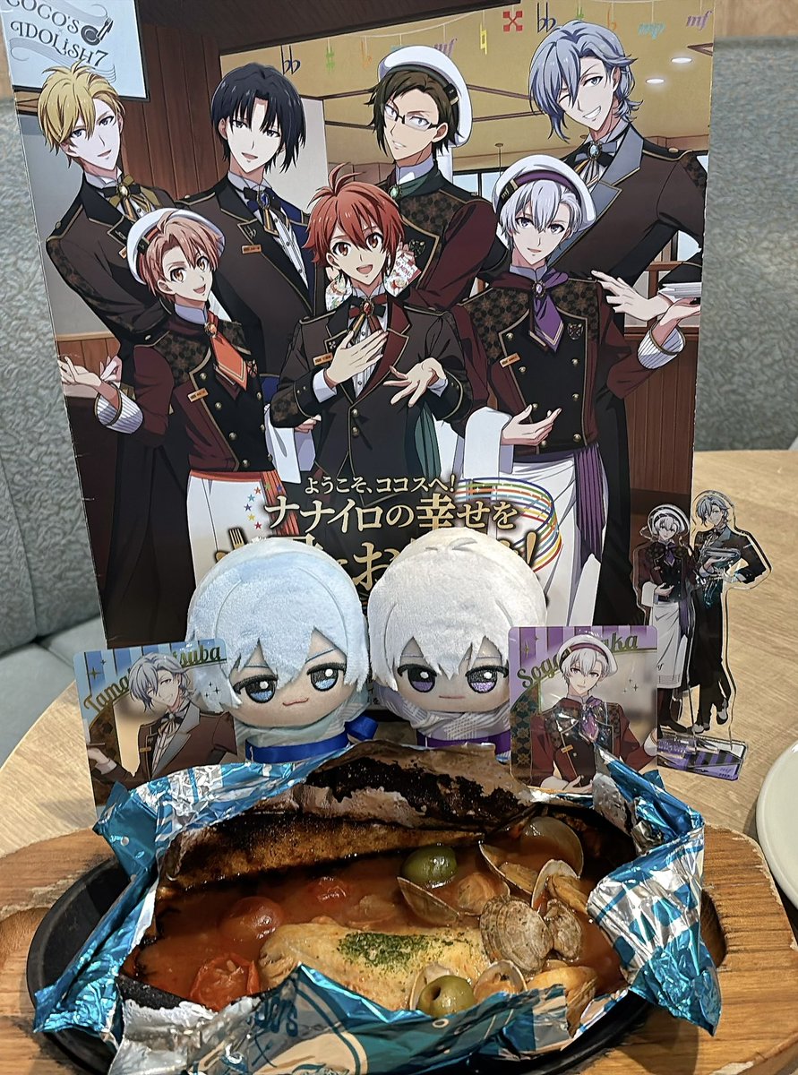 knu_disk's tweet photo. アイナナ×ココスコラボ3弾🌈
初のアクアパッツァおいしかった！！
めっぞのアナウンスにこにこしながら聴いてた️🩵💜
しあわせな気持ちになる️*ˊᵕˋ*
カードは推しだけ来ず…
交換見つかるといいな😿 https://t.co/KCyvui2c1c