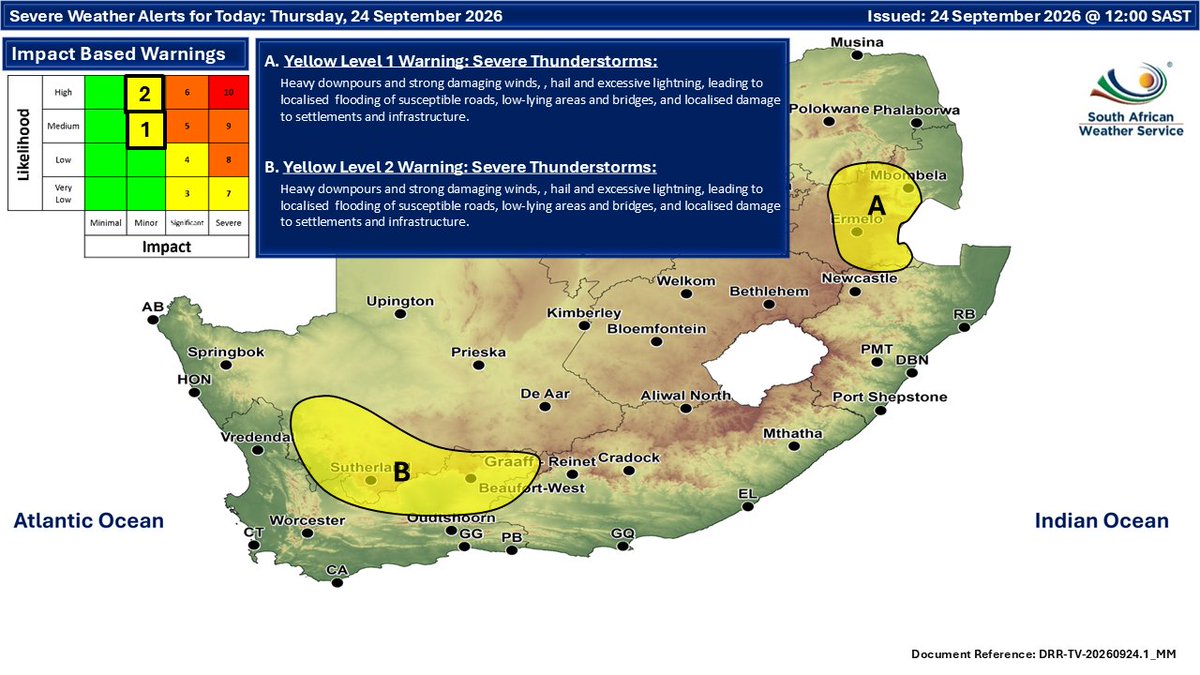 SAWeatherServic's tweet photo. Weather forecast for today &amp; tomorrow: 24 - 25 September 2026.
Partly cloudy &amp; warm to cool conditions are expected, with isolated to scattered showers &amp; thunderstorms possible over the western &amp; eastern parts of the RSA, but widespread over the western interior tomorrow. #saws https://t.co/BjbsW3rULQ