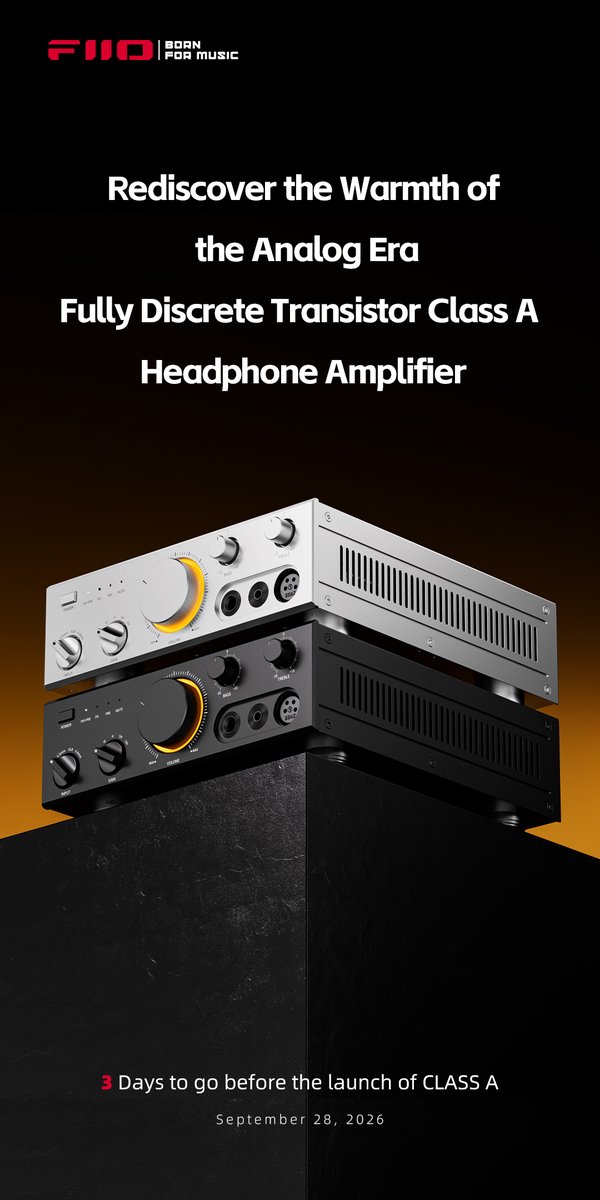 FIIO_official's tweet photo. 3 Days to go before the launch of CLASS A👏👏👏
 
Rich analog sound. FIIO Class A headphone amplifier CLASS A
CLASS A—Class A amplification, back to the warmth of analog sound. It adopts a fully discrete Class A design, with complementary Toshiba + Sanken transistors. Every unit is manually calibrated for quiescent current before leaving the factory. The result is a sound characterized by sweet, smooth, and engaging vocals, relaxed and natural bass, and effortless handling of high-dynamic tracks—delivering a rich, emotive analog listening experience.

#FIIO #CLASSA #HeadphoneAmplifier #Preamplifier #Music #HiFi