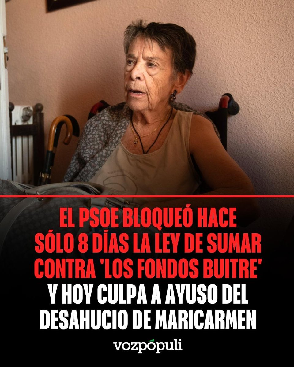 voz_populi's tweet photo. 🔴 El PSOE acusa al PP cuando ellos mismos se opusieron

Isabel Rodríguez ha convertido el desahucio de Maricarmen en un nuevo enfrentamiento con Isabel Díaz Ayuso, pero el discurso de la ministra de Vivienda choca con una votación que tuvo lugar hace apenas una semana en el Congreso. Mientras este miércoles acusaba al PP de no querer proteger a la mujer de 87 años y reclamaba una nueva moratoria contra los desahucios, los diputados socialistas se abstuvieron el pasado martes ante una proposición de ley de Sumar para prohibir que empresas y fondos de inversión compren viviendas.

La iniciativa del socio minoritario del Gobierno pretendía reservar la adquisición de viviendas a personas físicas y limitar así la compra de inmuebles por parte de fondos y empresas. El Congreso rechazó su toma en consideración con los votos en contra de PP, Vox, Junts y UPN y la abstención del PSOE y el PNV. Era la segunda vez que una iniciativa de estas características llegaba al Pleno y volvía a encontrarse con la abstención de los socialistas.

📲 Noticia al completo aquí: https://t.co/igmnDCmAYv