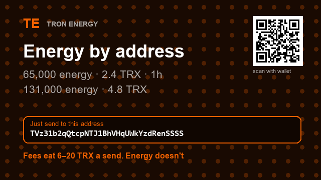 carolannpoee's tweet photo. ⏰ Stop topping up TRX before every transfer.
65,000 energy · 2.4 TRX · 1h
4.8 TRX → 131,000 energy
Delegated straight to the sending wallet
Address : TVz31b2qQtcpNTJ1BhVHqUWkYzdRenSSSS
#digitalmoney #tethertransfer https://t.co/obsvq6yuJX