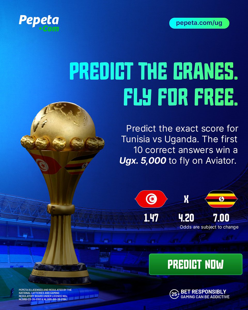 PepetaUganda's tweet photo. The Cranes are back,UGX 5,000 Aviator Freebets up for grabs to the FIRST 10 fans who correctly predict the exact score for Tunisia vs Uganda. Drop your exact score prediction in the comments, Like &amp; Share 

https://t.co/MtLwPDuyZp https://t.co/1HAXFmrFZ0