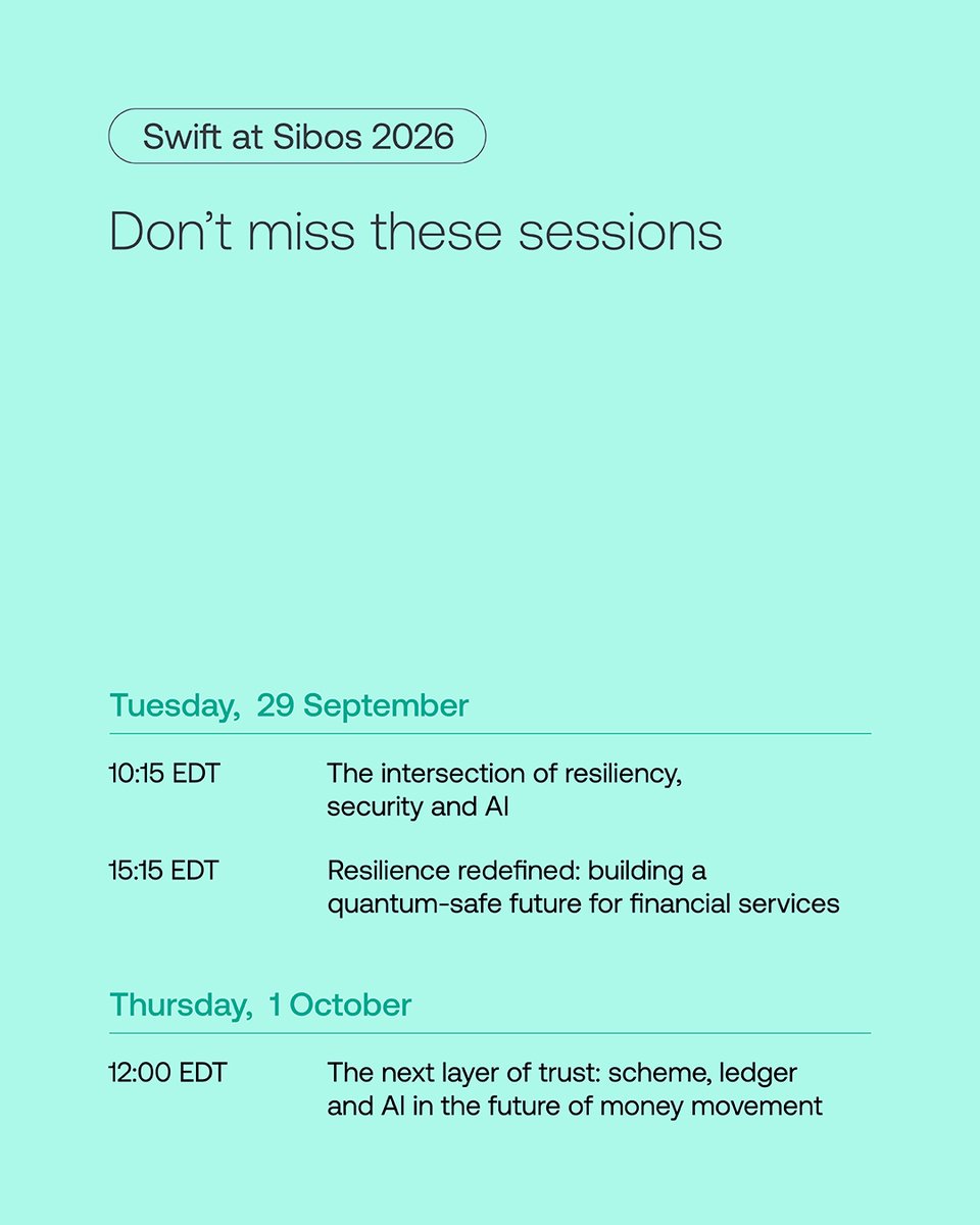 swiftcommunity's tweet photo. Trust is what turns innovation into lasting progress.

As AI and other emerging technologies create new opportunities across the financial ecosystem, they also introduce new risks, dependencies and challenges.

At Sibos 2026, we'll examine how financial institutions can embrace innovation while safeguarding the systems that underpin global commerce.

From protecting critical infrastructure, managing operational risk or understanding the role of AI in money movement, we'll discuss what's needed to support a secure and trusted digital economy. 

Join us: https://t.co/vXUhcn7ff2

#Sibos #AI