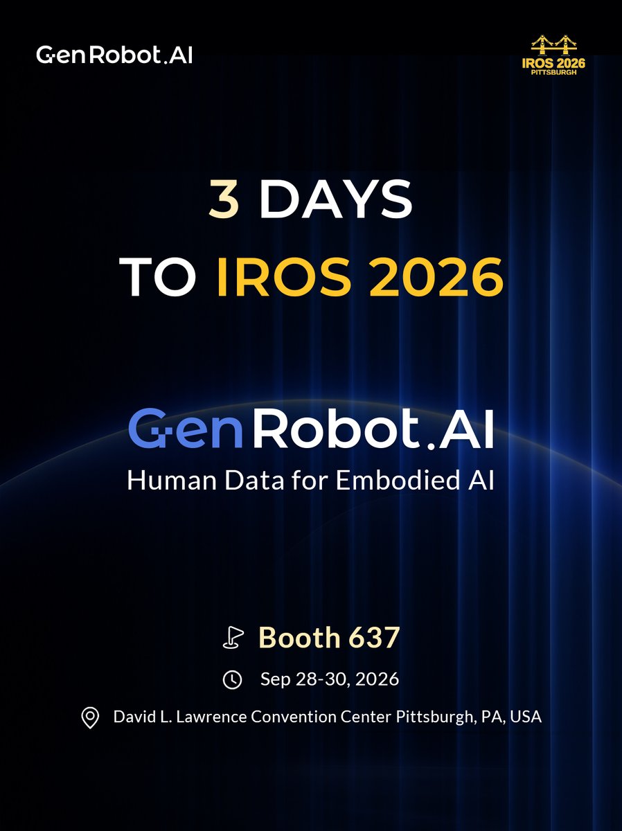 GenrobotAI's tweet photo. 3 days to IROS 2026.
https://t.co/goLwqho395 is getting ready to meet the researchers, builders, and innovators shaping the future of embodied AI in Pittsburgh. 
We’re bringing our latest work on Human Data for Embodied AI to Booth 637. 
Come explore how diverse, real-world human data can help scale Physical AI beyond the lab. 
📍 Booth 637
📅 Sep 28–30 
📌 Pittsburgh, PA See you at IROS. 
#IROS2026 #EmbodiedAI #HumanData #PhysicalAI #Robotics